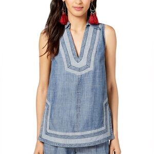 Trina Turk Womens Contrast Trim Sleeveless Denim 30% Linen Blouse Peasant Boho S